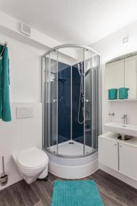 a bathroom with a shower with a toilet and a sink at Anstatthotel Zug - self-check-in in Zug