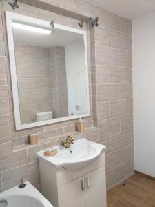 a bathroom with a sink and a mirror at Casa din Deal in Corbu