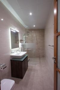 a bathroom with a sink and a shower and a toilet at Quayside Apartments in Marsaxlokk