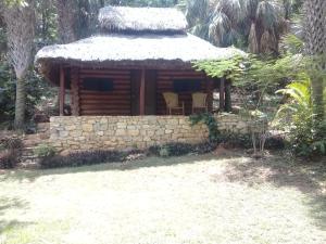 een kleine hut met een stenen muur in een tuin bij Sierraverde cabin Cabaa el Cedro in Damían Carmona