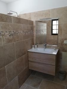 La salle de bains est pourvue d'un lavabo et d'un miroir. dans l'établissement villa 12 personnes a lorgues, à Lorgues