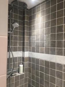 a gray tiled shower with a shower head in a bathroom at Le Pas Saint Joseph in Saint Malo +34 photos