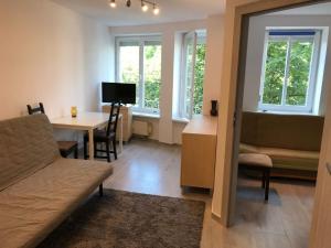salon z kanapą, stołem i oknami w obiekcie Apartament Grochowy - Poznań Stare Miasto w Poznaniu