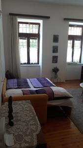 a bedroom with a bed in a room with two windows at Holiday Home Sarin Most in Stolac