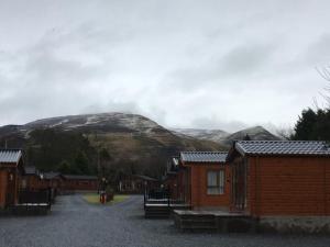 a village with houses and a mountain in the background at Craigrossie lodge33 in Auchterarder