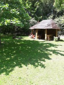 a gazebo with a picnic table in a park at Agrohaczow za rzeką Apartament 8-osobowy in Haczów