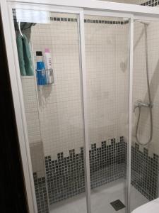 a shower with a glass door in a bathroom at Alfareria Ocho in Seville