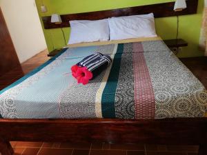ein Bett mit einer Decke mit einer roten Blume darauf in der Unterkunft Hebergement Vue Sur Mer in Rodrigues Island