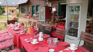 una mesa con lunares rojos y blancos. en Ferienhof "Zum Spreewäldchen", en Burg