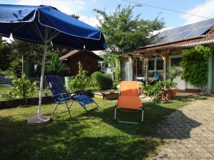 zwei Stühle und ein Regenschirm im Hof eines Hauses in der Unterkunft Zeiler Peter und Luisie in Waging am See