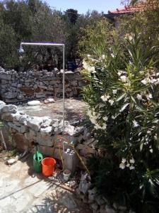 einen Garten mit einem Brunnen und einer Steinmauer in der Unterkunft Holiday Home Zeljana in Kaprije