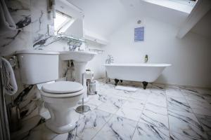 a bathroom with a toilet, sink and tub at Château Rhianfa in Menai Bridge
