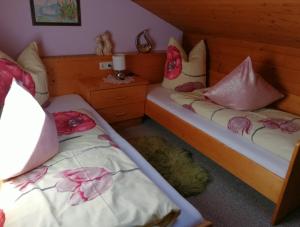 two beds in a room with a dog laying between them at Haus Elisabeth in Tux