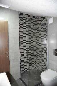 y baño con ducha y aseo. en Mihail's Apartments in Ohrid - 2 en Ohrid