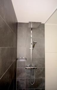 a shower in a bathroom with gray tiles at Ferienwohnung Villa AusZeit in Königstein an der Elbe