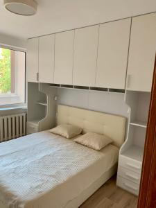 a bedroom with a large bed with white cabinets at Jaunimo Apartamento in Alytus