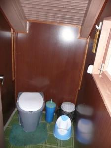 Baño pequeño con aseo y 2 cubos de basura en Kuke Holiday Home, en Muratsi