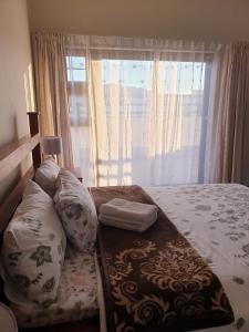 1 dormitorio con cama con almohadas y ventana en Sunflower Self-Catering, en Walvis Bay