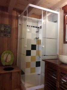 een douche met een glazen deur in de badkamer bij La cabane du pêcheur in Montcuq