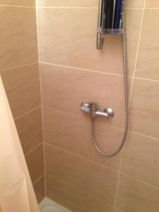 eine Dusche mit Duschkopf im Bad in der Unterkunft Cool Central Apartment in Brüssel