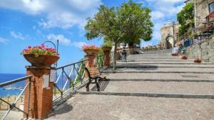 a stairway with potted plants and a bench at Valente rooms in Agropoli