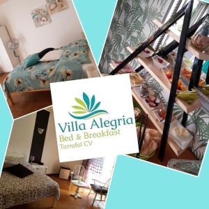 B&B "Villa Alegria", Tarrafal في تارافال: مجموعة من الصور لغرفة بها علامة سرير وإفطار