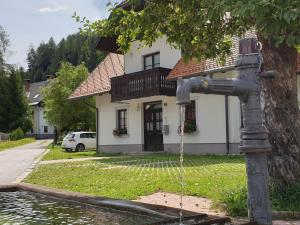 une fontaine devant une maison dans l'établissement Apartman Irvin, à Kranjska Gora
