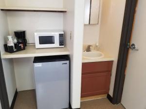 uma pequena cozinha com um micro-ondas e um lavatório em 068C Cozy Studio Grand Canyon South Rim Sleeps-2 em Valle
