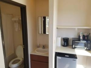 een kleine badkamer met een wastafel en een magnetron bij 068D Cozy Studio Grand Canyon South Rim Sleeps-2 in Valle