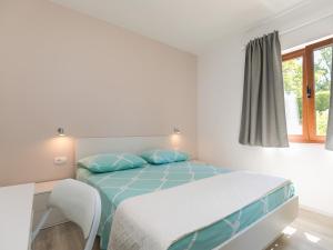een slaapkamer met een bed, een bureau en een raam bij Apartment Stefano - free wine&spirit tasting in Višnjan