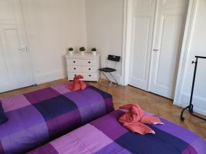 a bedroom with two beds with pink towels on them at STRASBOURG CENTRE le 85, Superbe F5, 125m2, 5 Pièces in Strasbourg