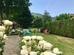 un jardin avec des roses blanches, des chaises et une table dans l'établissement Carpe Diem - cote-montagnes, à Oderen