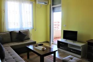 Cozy new apartment Velipoja في فيليبوجي: غرفة معيشة مع أريكة وتلفزيون