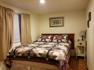 a bedroom with a bed and a window at Plum Cabin in Fredericksburg