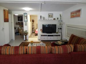 ein Wohnzimmer mit einem roten Sofa und einem TV in der Unterkunft Le Ruchoz in Lausanne