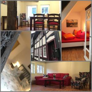 eine Collage mit Fotos von einem Wohnzimmer und einem Esszimmer in der Unterkunft Ferienhaus Harzinsel in Wernigerode