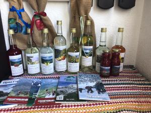un mucchio di bottiglie di vino su un tavolo con riviste di Visitor Yard a Plav