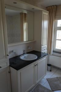 a bathroom with a sink and a mirror at Vakantiewoning Pelterheggen in Grote Heide