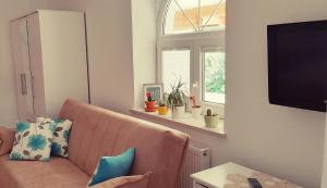 a living room with a couch and a tv at Prenočišča Angelin hram, Tiny Apartments in Markovec