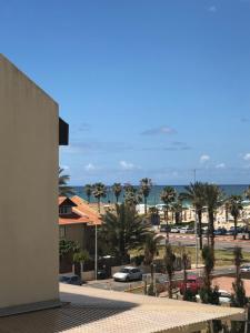 a view of a street with palm trees and the ocean at Villa Miami in Ashdod