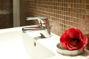 una rosa rossa seduta sopra un lavandino del bagno di Hotel Angi a Fossò