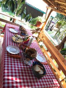 una mesa de picnic con un mantel a cuadros rojo y blanco en Camping Robinson Country Club Oradea, en Oradea