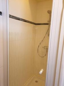 a shower with a glass door in a bathroom at Ma Maison in Le Château-dʼOléron
