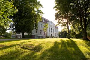 a large building on a grassy field with trees at Schloss Zinzow in Zinzow