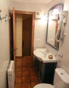 a bathroom with a sink and a toilet and a mirror at Casa A Ruata in Torla-Ordesa +34 photos