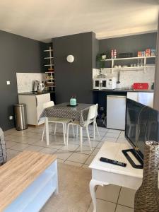 a living room with a table and a kitchen at Studio au cœur de Lyon in Lyon