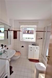 Un baño con lavabo, inodoro y ventana. en Sanddorn-Ostseering-4C, en Hohwacht