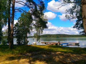 a lake with a dock and boats on the water at Apartamenty Dominik in Wiele
