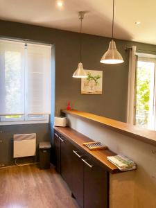 una cocina con encimera y dos luces colgantes en Appartement au cœur de breil sur roya, en Breil-sur-Roya