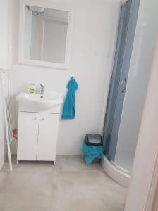 a white bathroom with a shower and a sink at DOMKI "apartamenty 4maki" in Jastrzębia Góra +29 photos